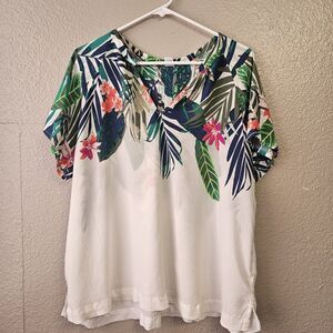 Tropical Floral Blouse XL Split Neck Flutter Sleeve Cream Rayon Top Beachy K748